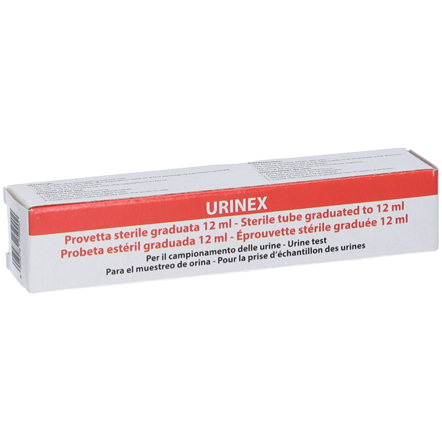 Confezione di provetta sterile graduata da 12 ml per urine, con scritta 'URINEX'.