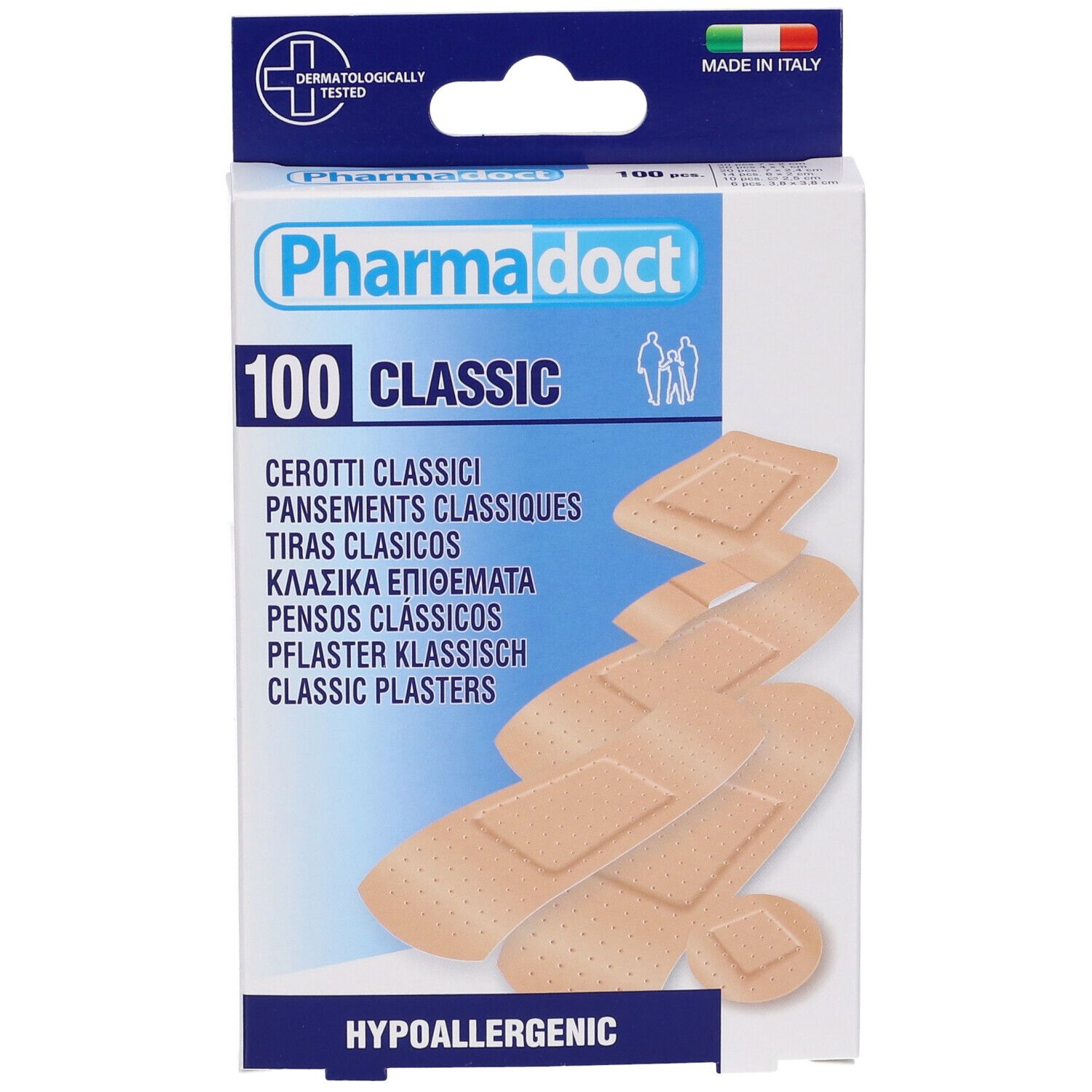 Confezione di cerotti Pharmadoct 100 Classic. Testato dermatologicamente, ipoallergenico. Made in Italy.
