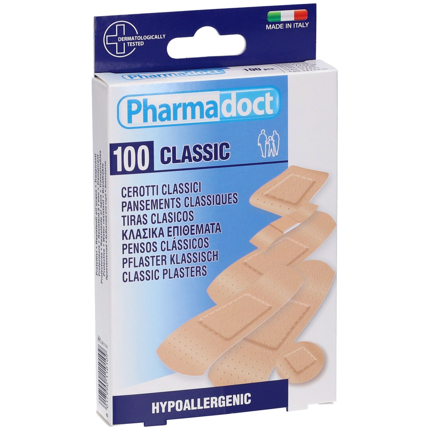 Confezione di cerotti Pharmadoct 100 Classic. Testato dermatologicamente, ipoallergenico. Made in Italy.