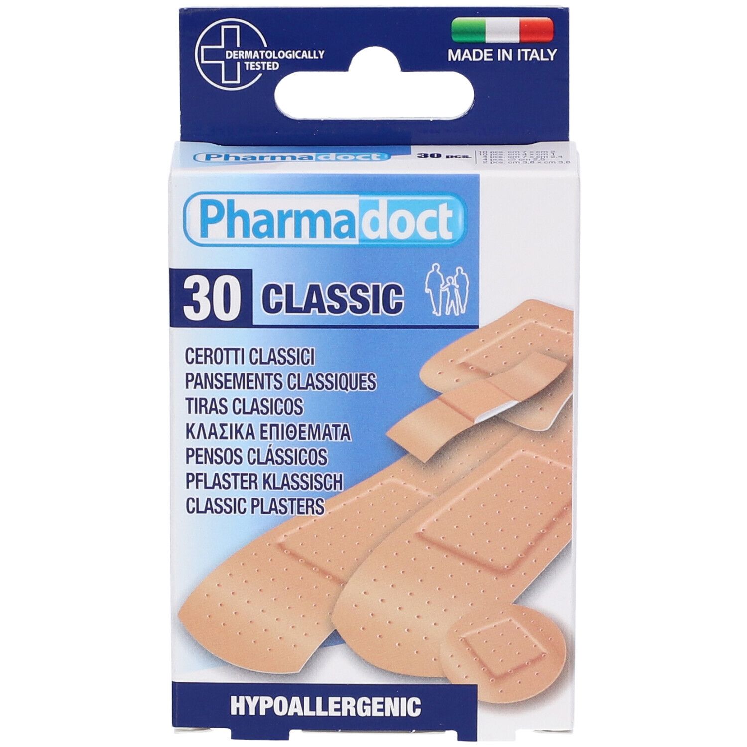 Confezione di cerotti Pharmadoct 30 Classic. Testato dermatologicamente, Made in Italy. Ipoallergenico.