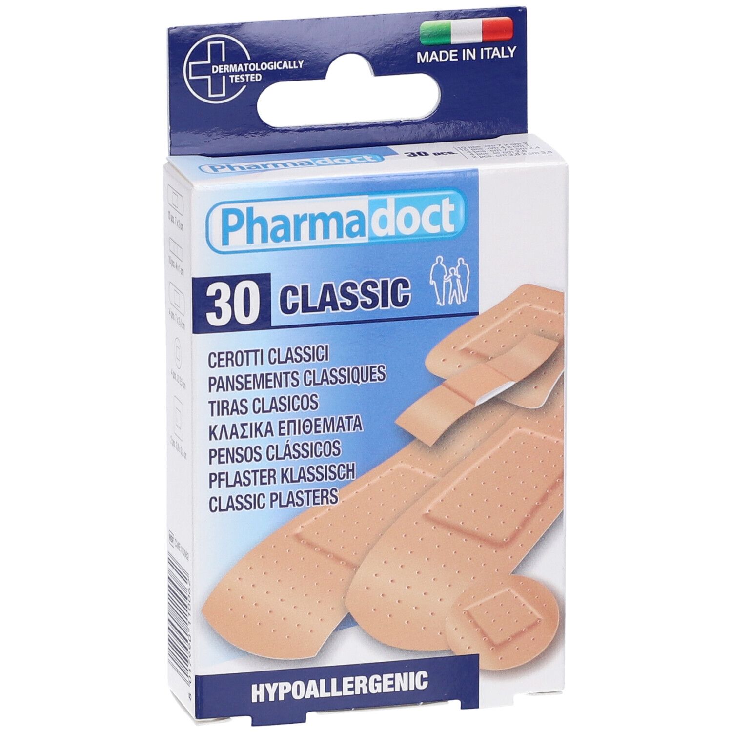 Confezione di cerotti Pharmadoct 30 Classic. Testato dermatologicamente, Made in Italy. Ipoallergenico.