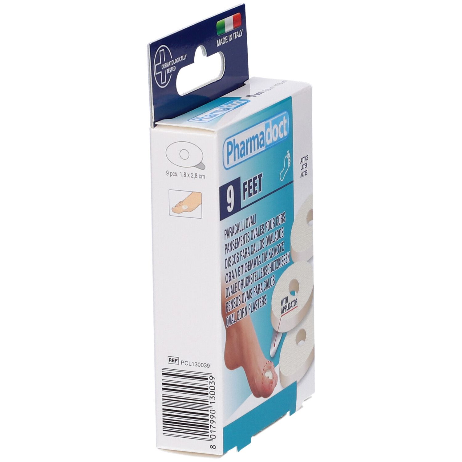 Confezione di cerotti ovali. Marca Pharmadoct, 9 pezzi. Con applicatore. Prodotto in Italia. Immagine della confezione.