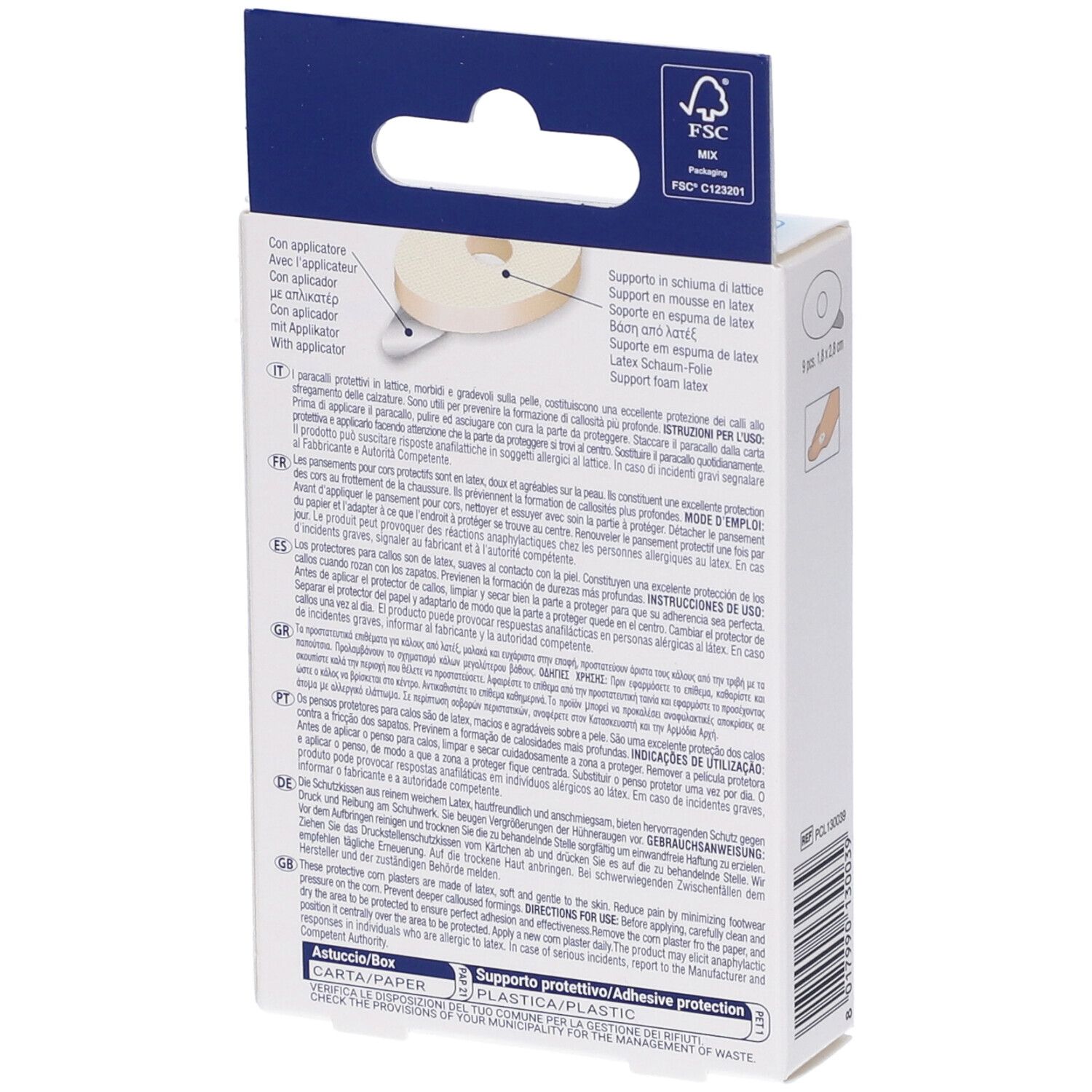 Retro della confezione di cerotti ovali. Testo multilingue. Certificazione FSC. Con applicatore.