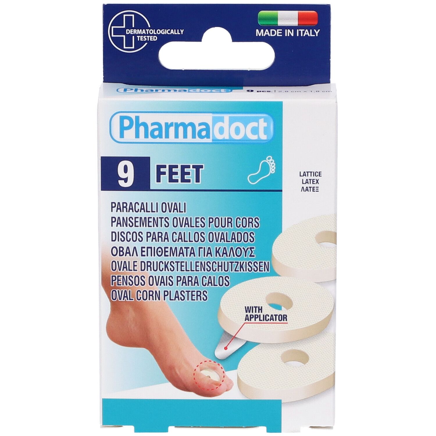 Confezione di cerotti ovali. Marca Pharmadoct, 9 pezzi. Con applicatore. Dermatologicamente testato. Prodotto in Italia.