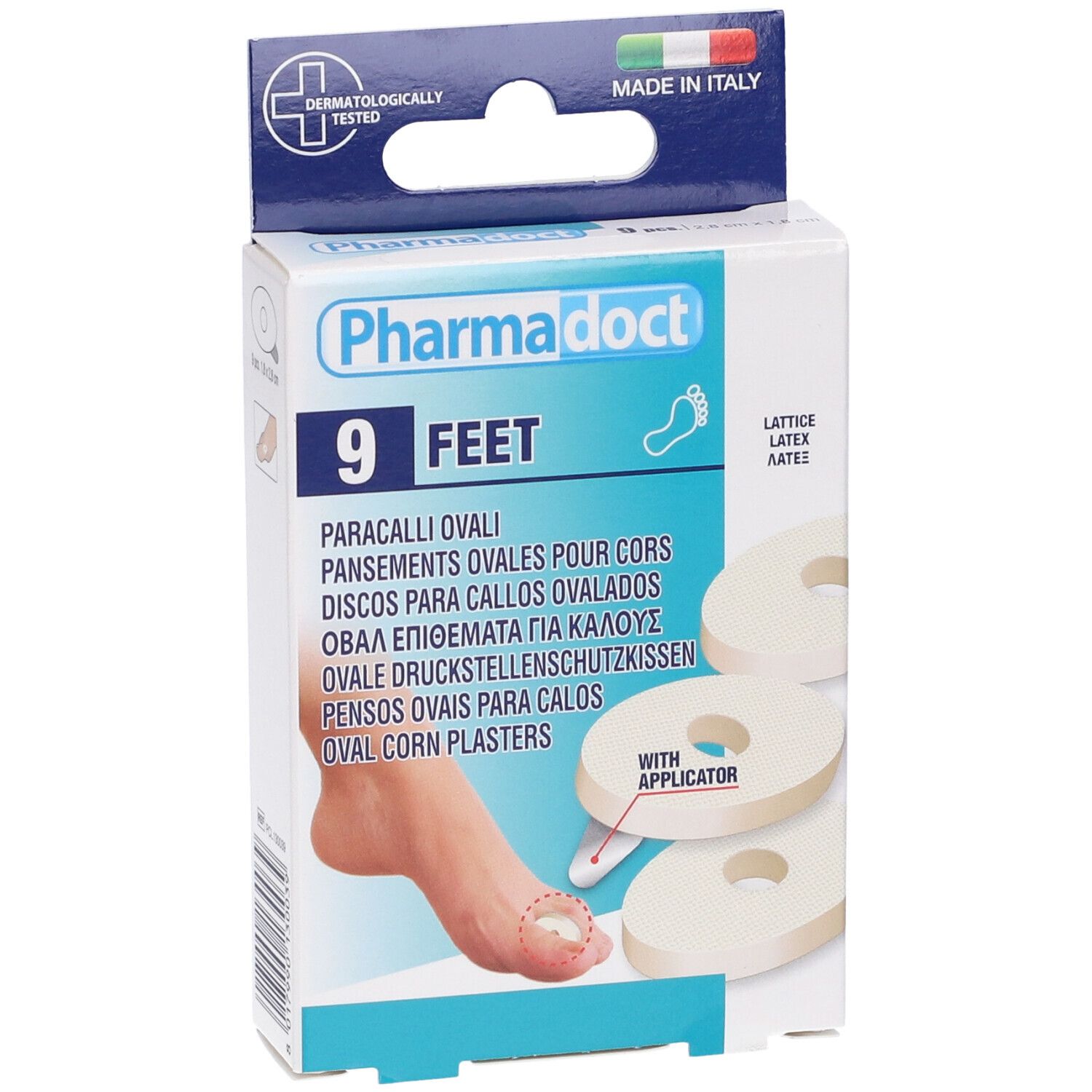 Confezione di cerotti ovali. Marca Pharmadoct, 9 pezzi. Con applicatore. Dermatologicamente testato. Prodotto in Italia.