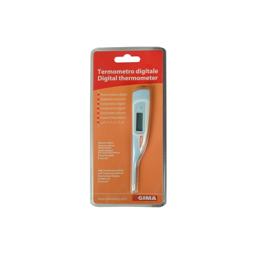 Termometro digitale nella confezione. Nome prodotto 'Termometro digitale'. Logo GIMA.