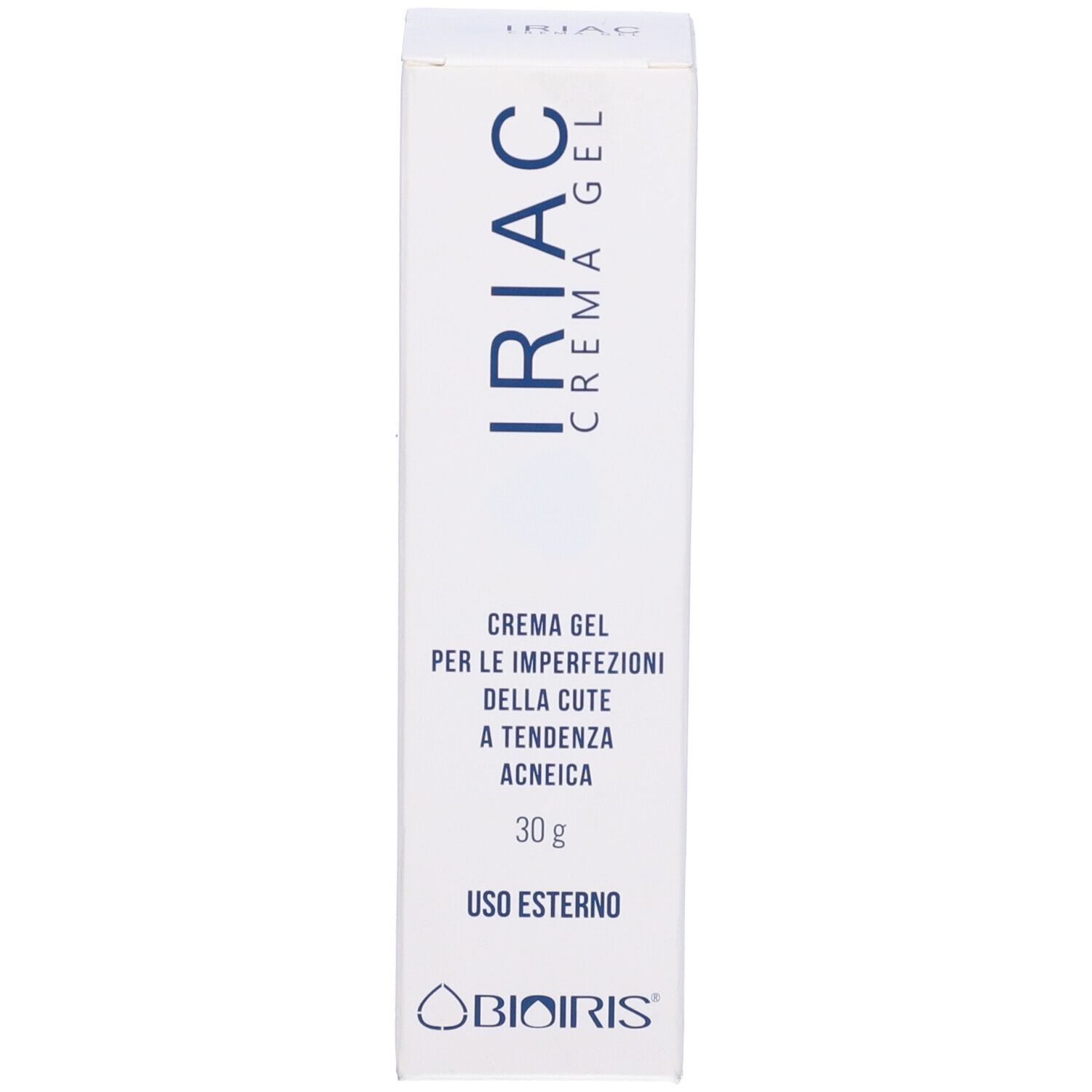 Scatola bianca con nome Iriac Crema Gel. Testo: Crema Gel per imperfezioni della cute. 30g. Uso esterno. Marchio Bioiris.