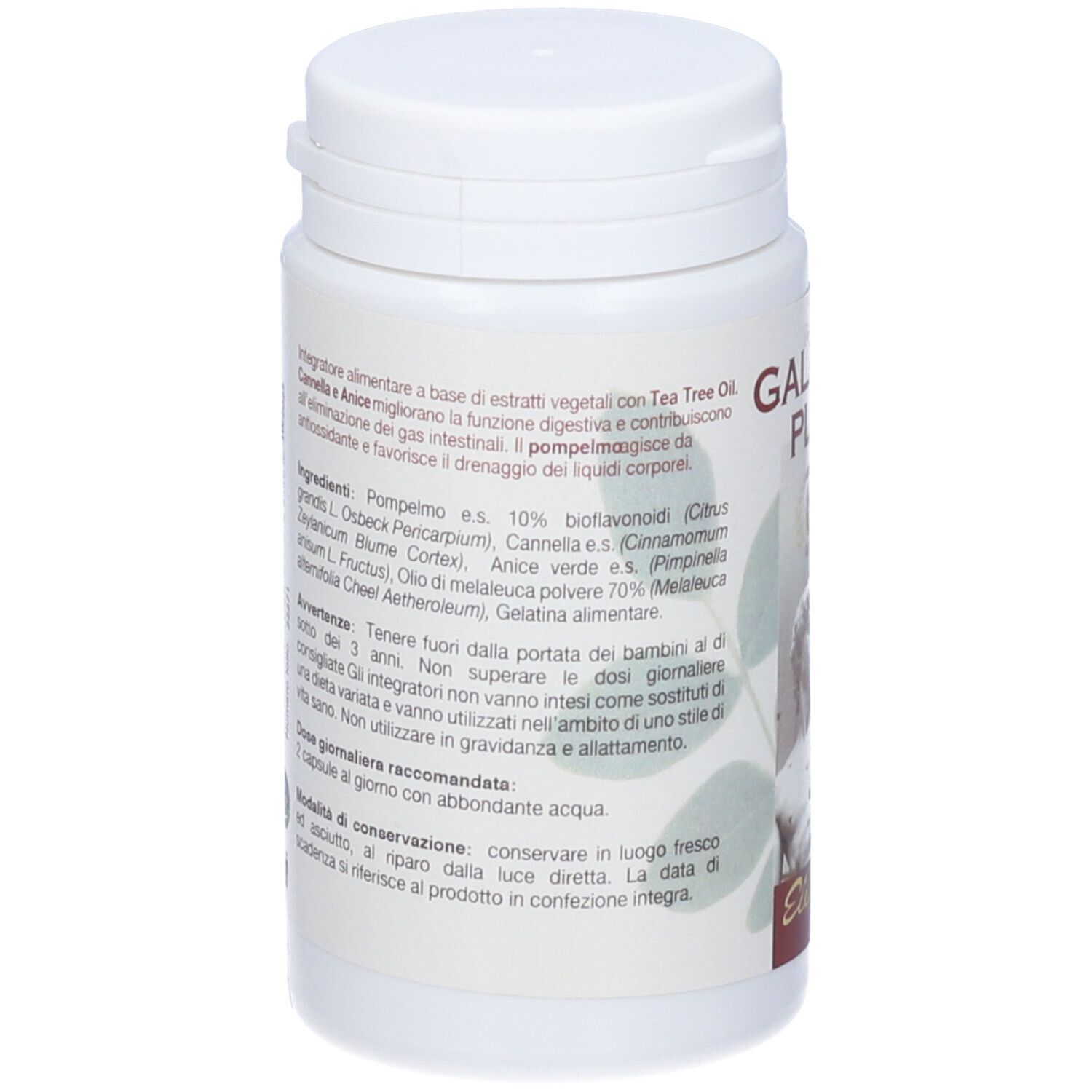 Flacone bianco con tappo. Testo in italiano. Scritta: Galatea Plus. Elenco ingredienti e avvertenze.