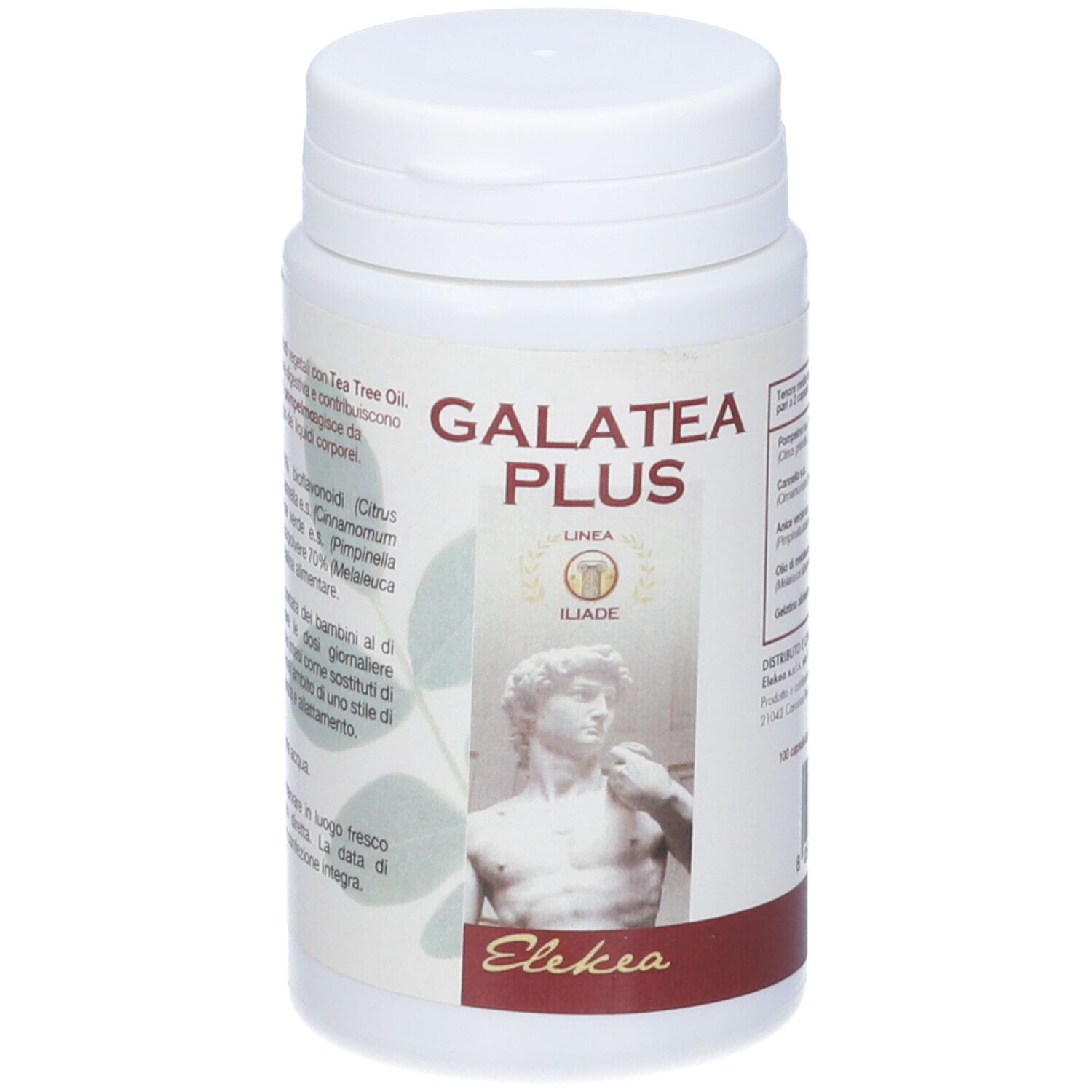 Flacone bianco con tappo. Scritta: Galatea Plus. Immagine di una statua. Testo in italiano.