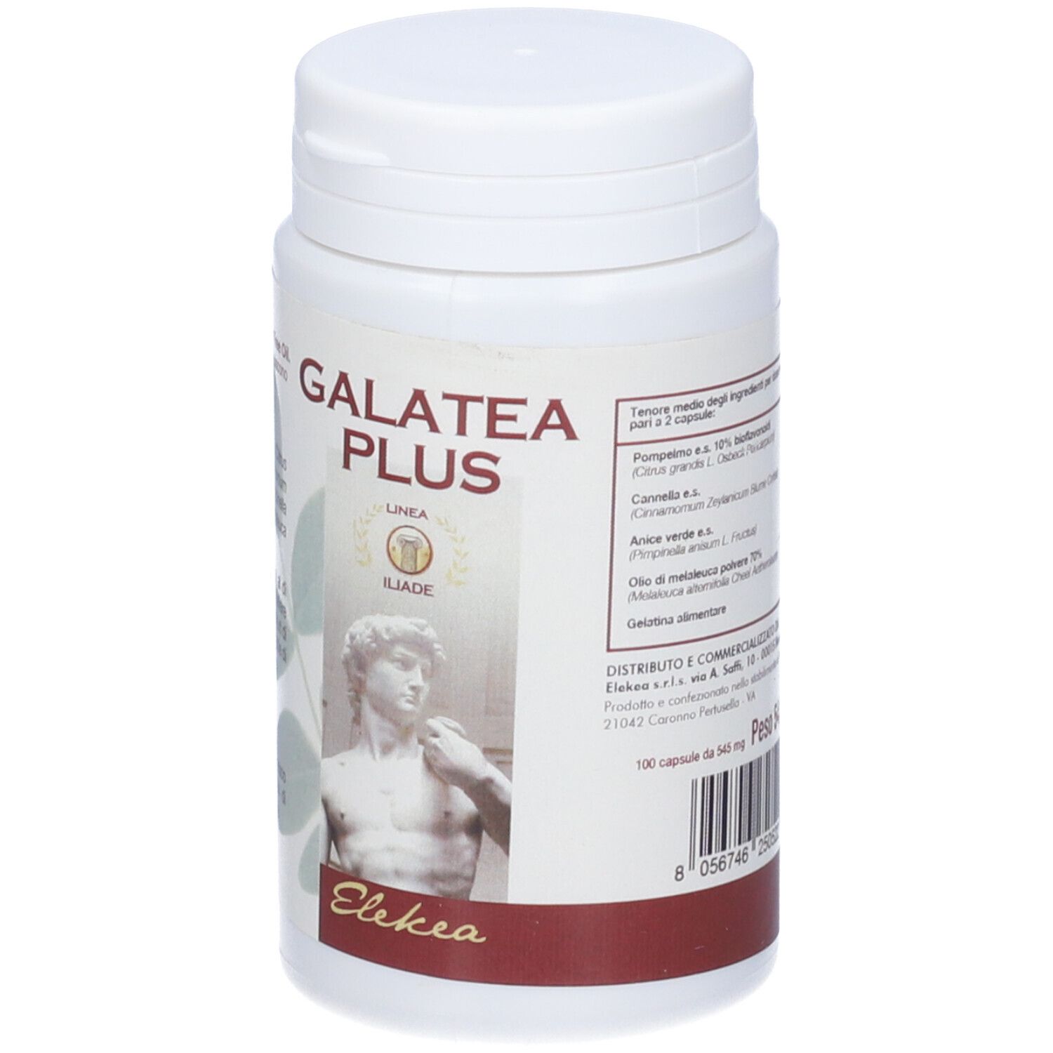 Flacone bianco con tappo. Scritta: Galatea Plus. Immagine di una statua. Testo in italiano. 100 capsule.
