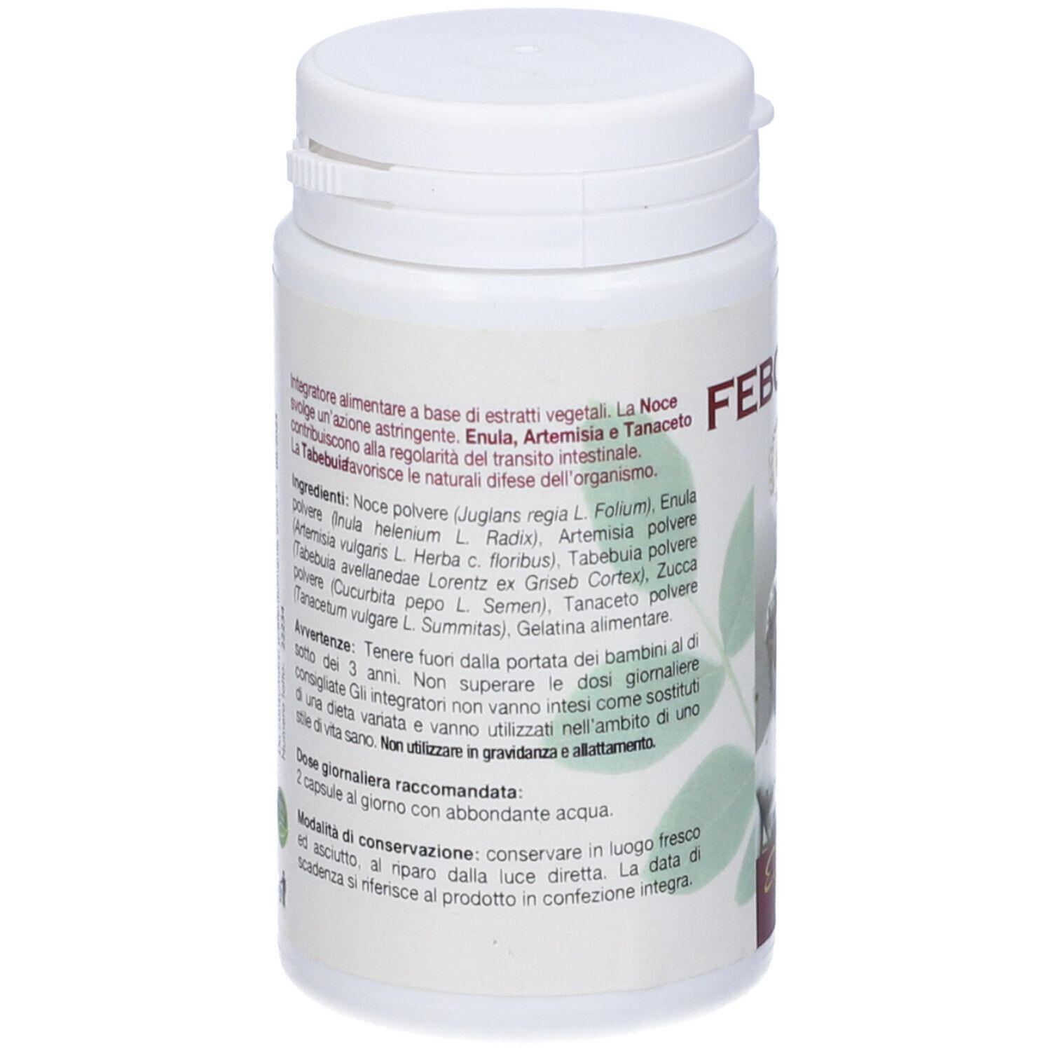 Retro di un flacone bianco con testo. Sono stampati ingredienti, avvertenze e raccomandazioni di dosaggio.