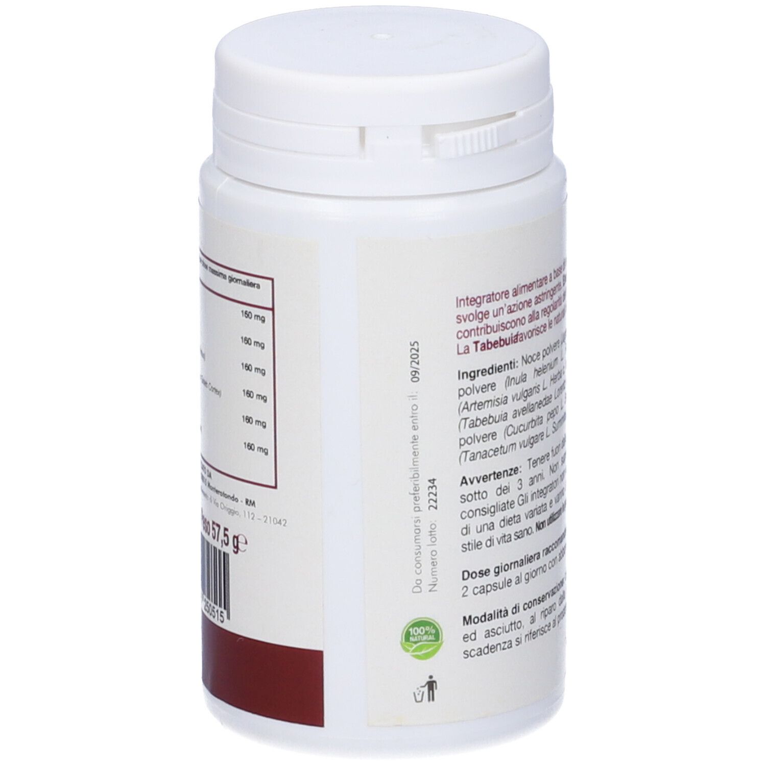 Retro di un flacone bianco con testo. Sono stampati ingredienti, avvertenze e raccomandazioni di dosaggio.