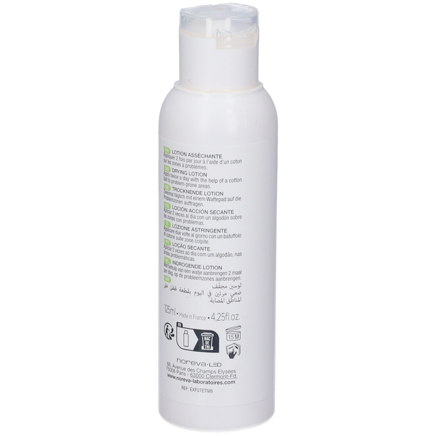 Flacone bianco con testo. Contiene informazioni sull'uso e gli ingredienti. 125ml. Prodotto in Francia.