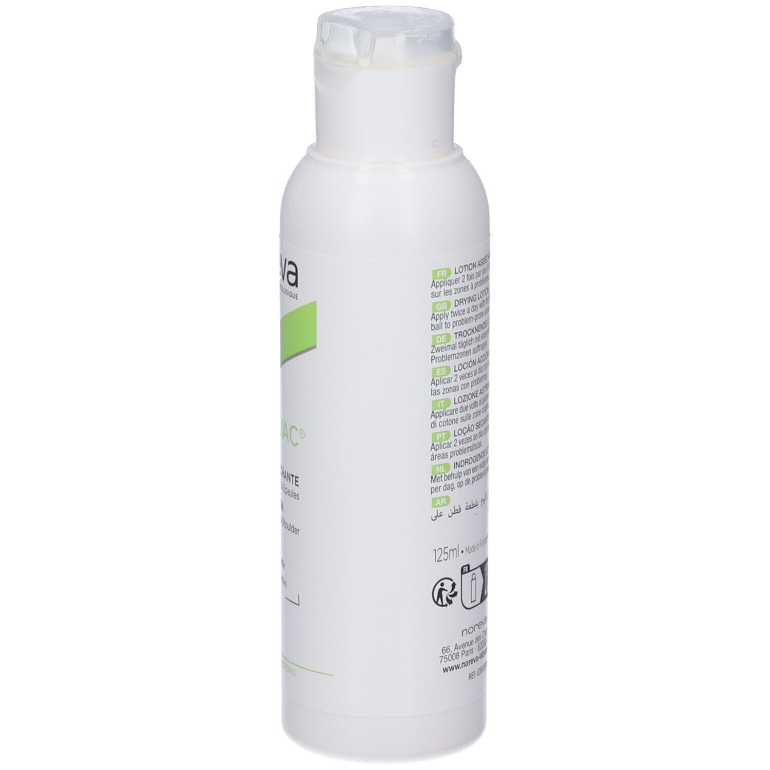 Flacone bianco con testo. Contiene informazioni sull'uso e gli ingredienti. 125ml. Prodotto in Francia.