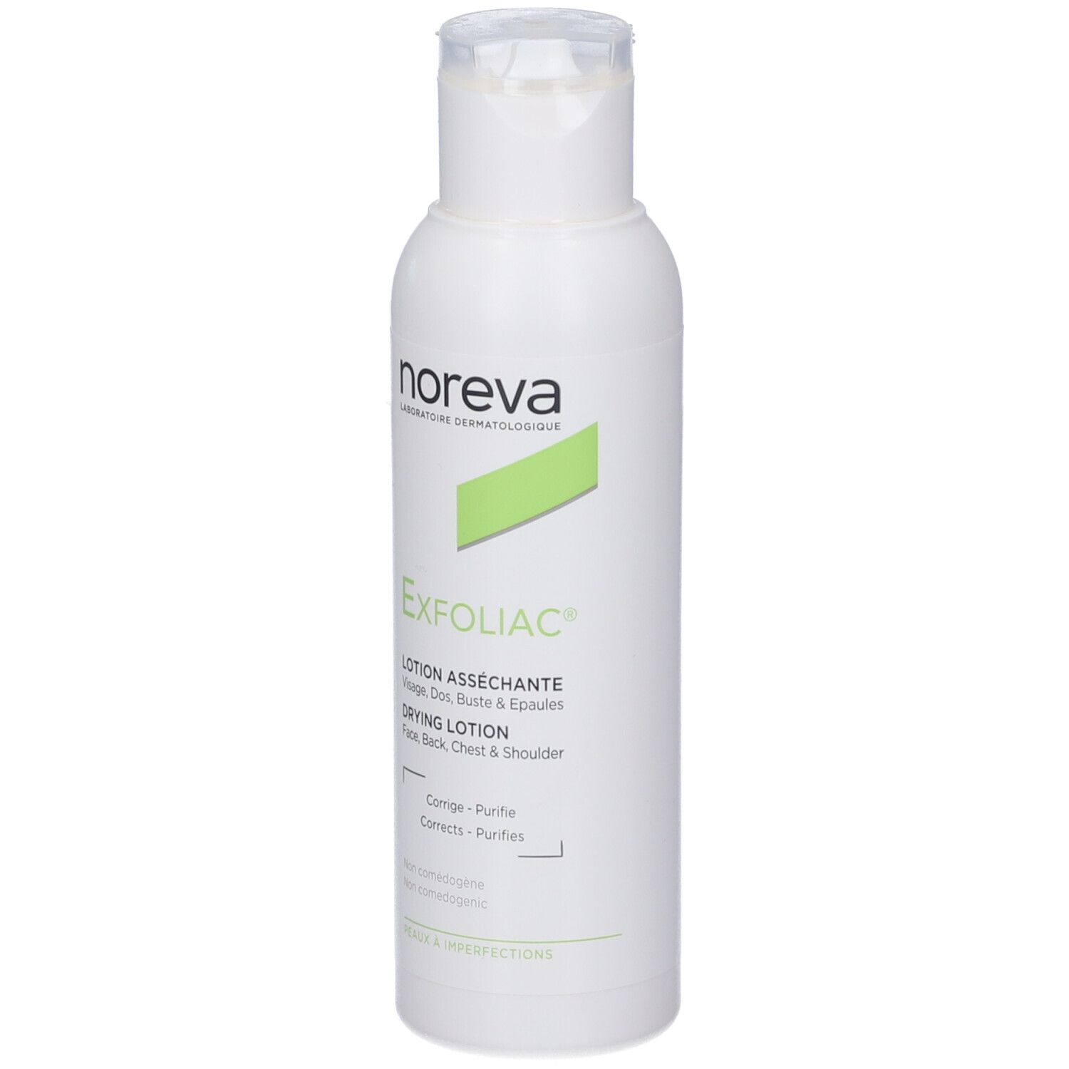 Flacone bianco con tappo a vite. Scritta Noreva Exfoliac, marchio verde. Lozione asciugante per viso, schiena, petto.