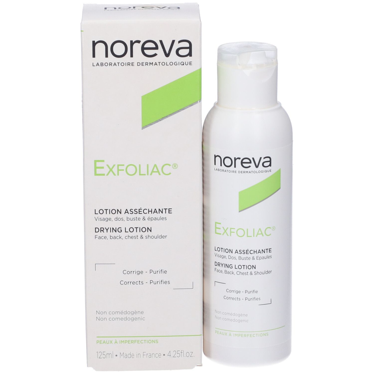 Flacone e confezione del prodotto. Scritta Noreva Exfoliac, marchio verde. Lozione asciugante per viso, schiena, petto.
