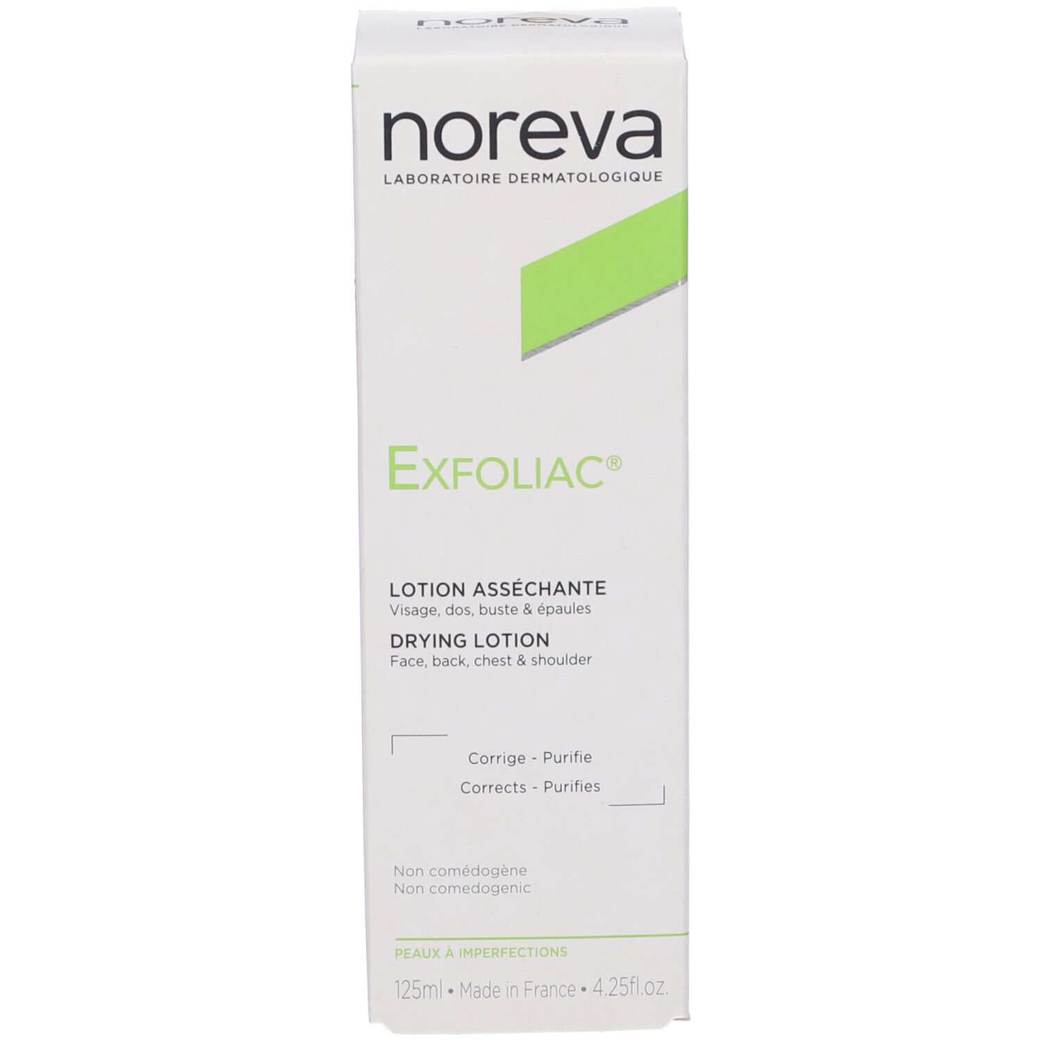 Confezione bianca con testo. Scritta Noreva Exfoliac, marchio verde. Lozione asciugante per viso, schiena, petto.