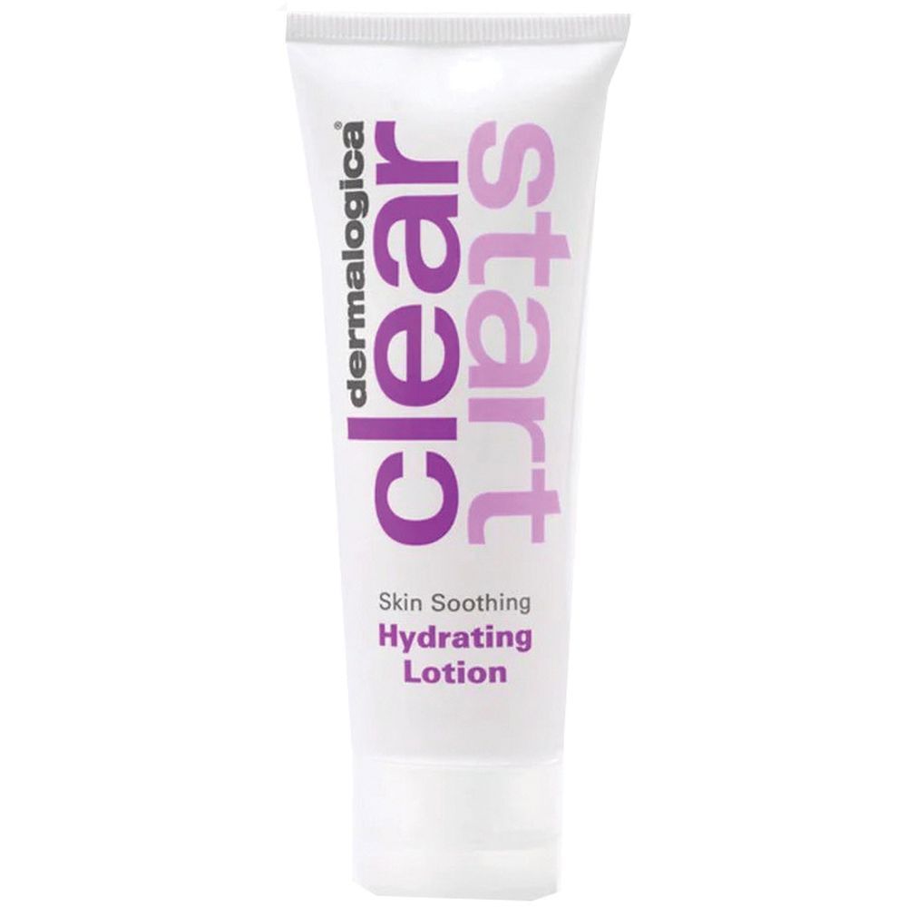 Tubo bianco con scritta viola "clear start" e "Dermalogica". Sotto, "Skin Soothing Hydrating Lotion".