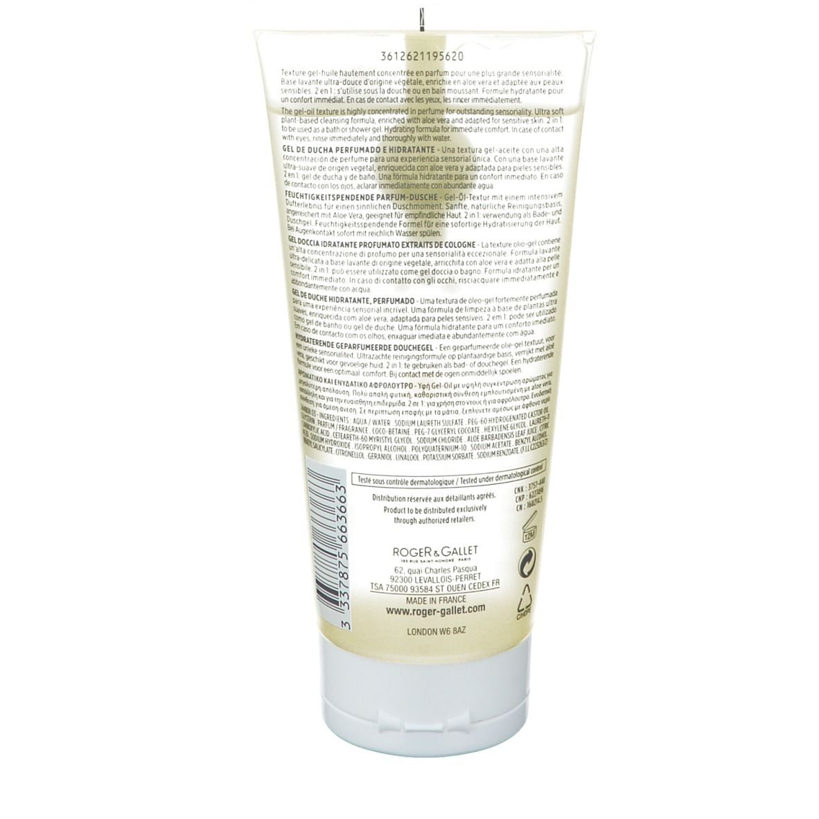 Retro di un tubo di gel doccia. Testo multilingue. Marchio Roger & Gallet. Informazioni sulla produzione.