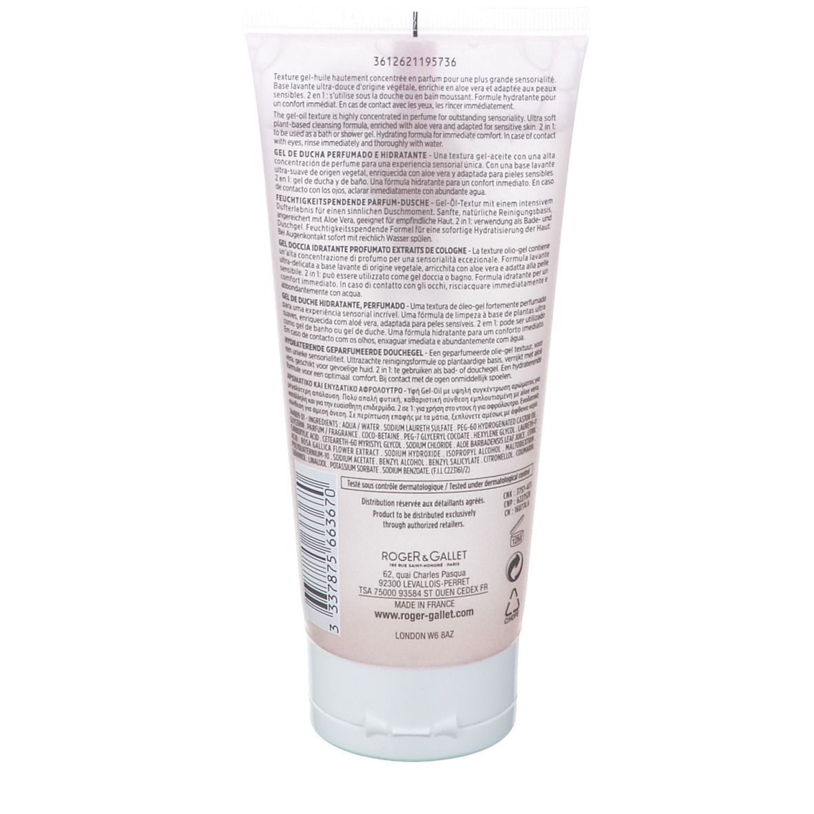 Retro del tubo di gel doccia rosa con tappo bianco. Testo e codice a barre.