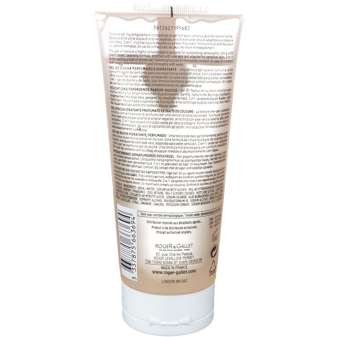 Retro del tubo con testo. Logo Roger & Gallet. Scritta: Tubéreuse Hédonie. Ingredienti e informazioni produttore.