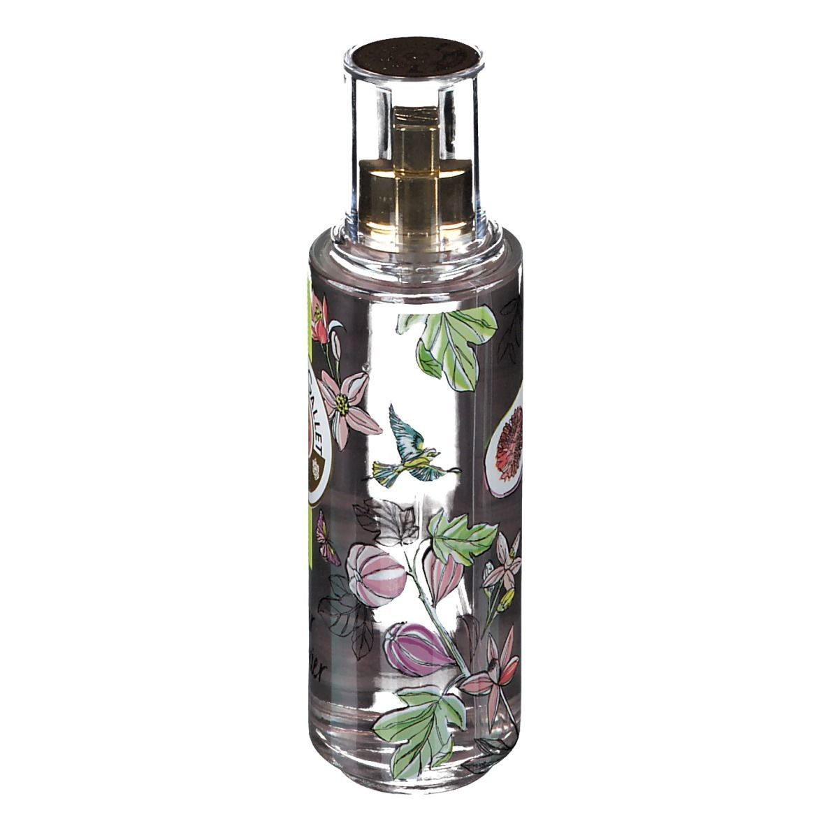Flacone trasparente con vaporizzatore dorato. Decorazione con fiori, foglie e fichi. Logo non visibile.