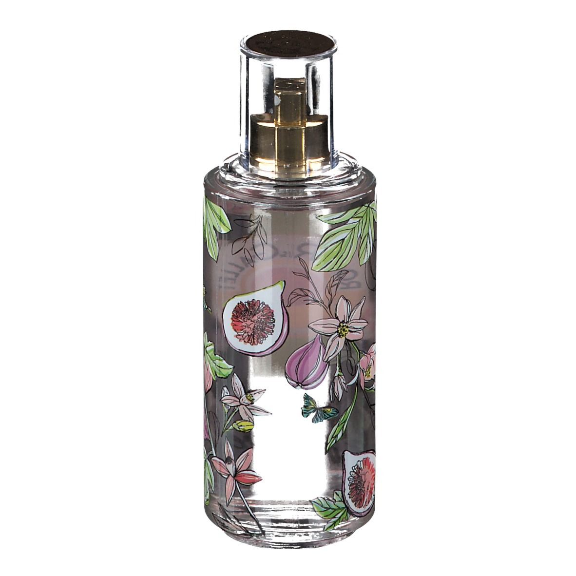 Flacone trasparente con vaporizzatore dorato. Decorazione con fichi, fiori e foglie. Logo non visibile.