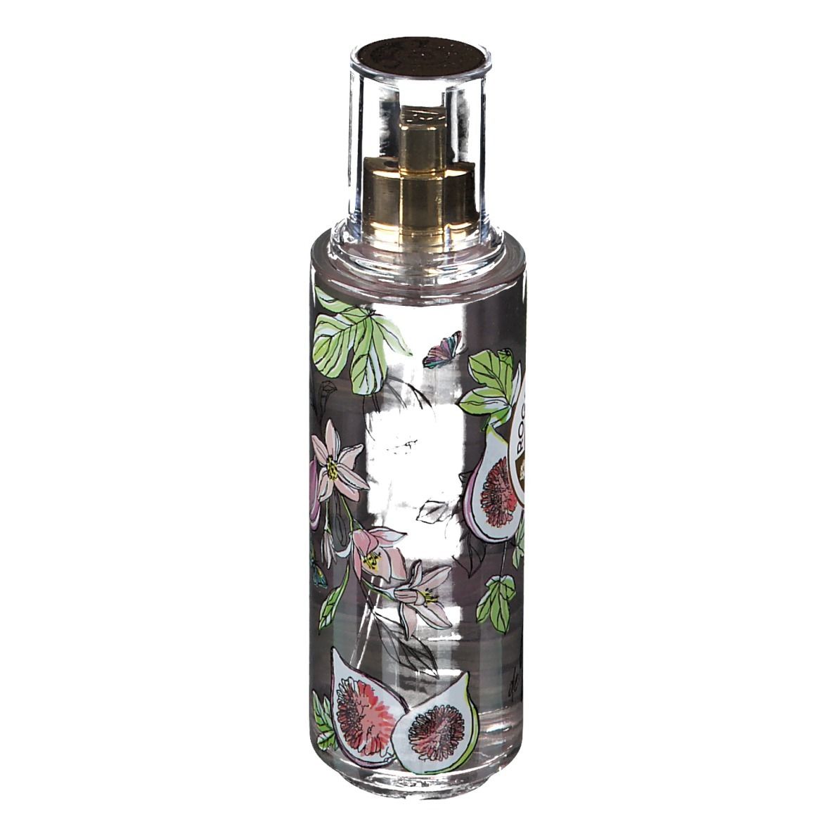 Flacone trasparente con vaporizzatore dorato. Decorazione con fichi, fiori e foglie. Logo non visibile.