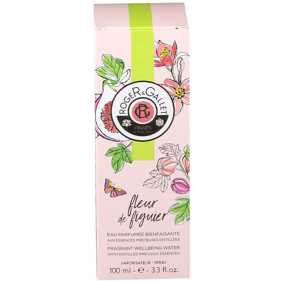 Scatola rosa con logo, decoro fichi e fiori. Fascia verde. Testo: Fleur de Figuier, Eau Parfumée.