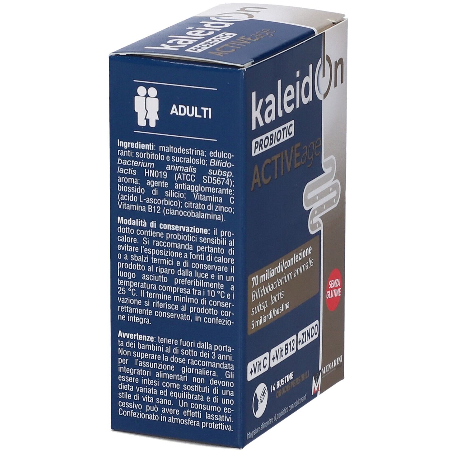Retro della confezione Kaleidon Probiotic Active Age con elenco ingredienti e modalità d'uso.