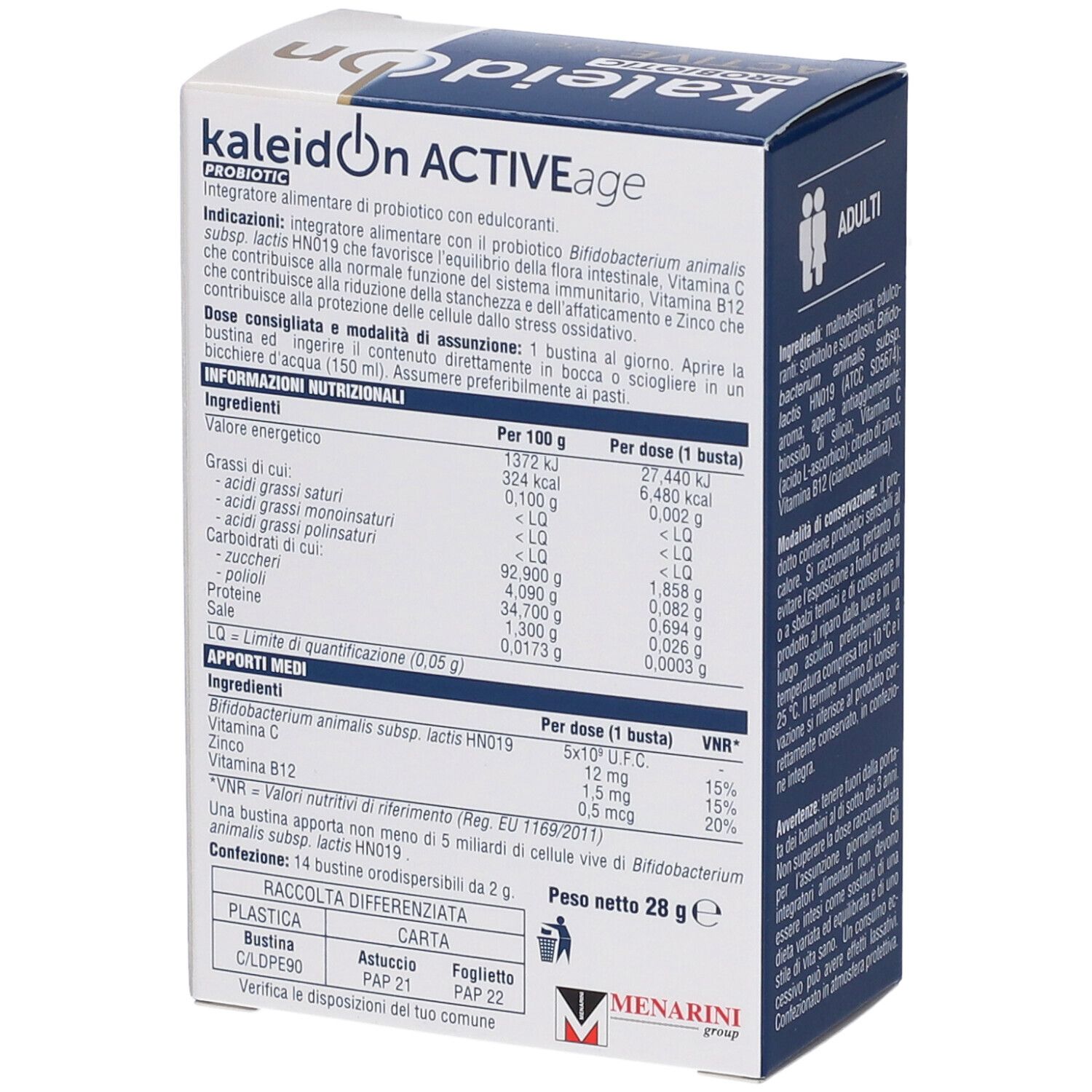 Vista laterale della confezione Kaleidon Probiotic Active Age con valori nutrizionali e ingredienti.