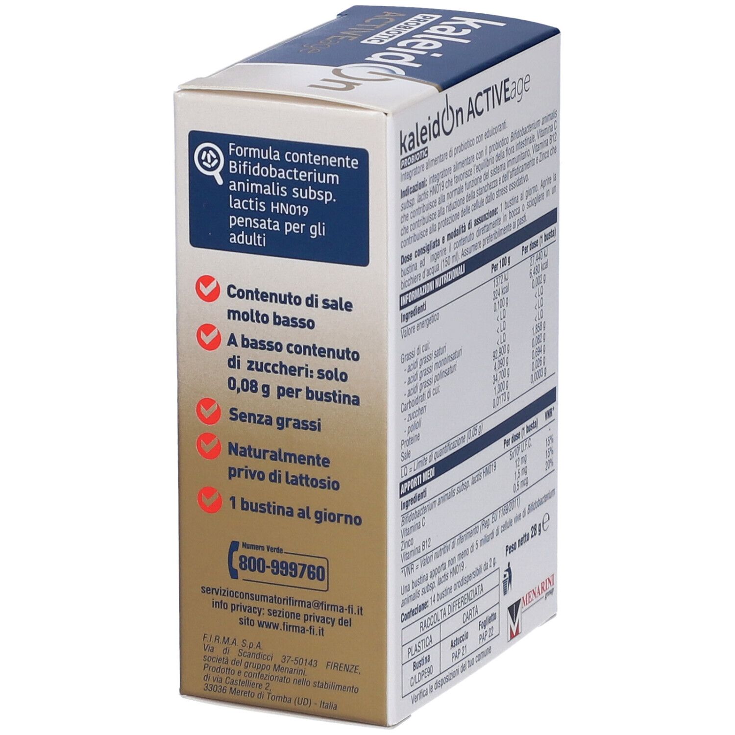 Vista laterale della confezione Kaleidon Probiotic Active Age con indicazioni su ingredienti e uso.