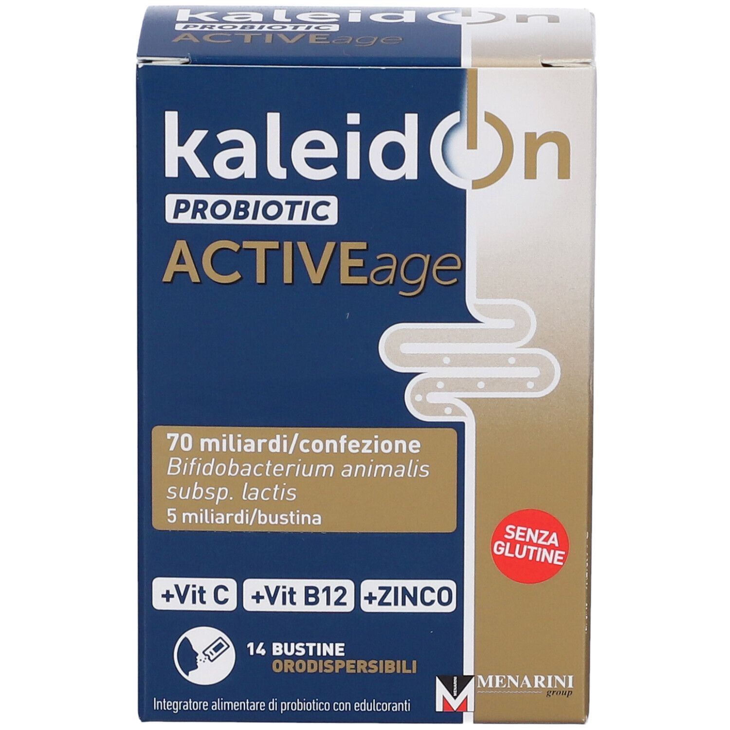 Fronte della confezione Kaleidon Probiotic Active Age con evidenziate vitamine e zinco.