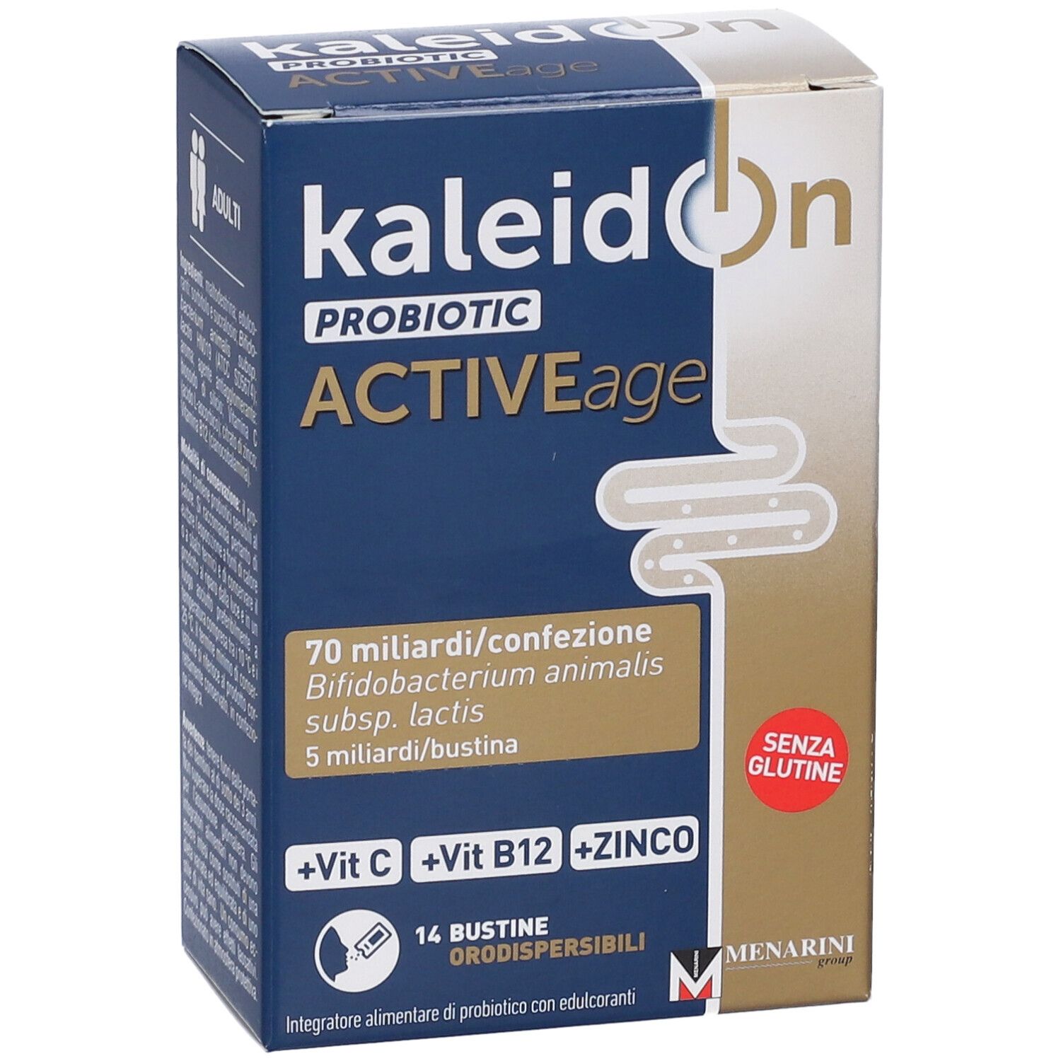 Confezione Kaleidon Probiotic Active Age, 14 bustine, con Vitamina C, B12 e Zinco, senza glutine.