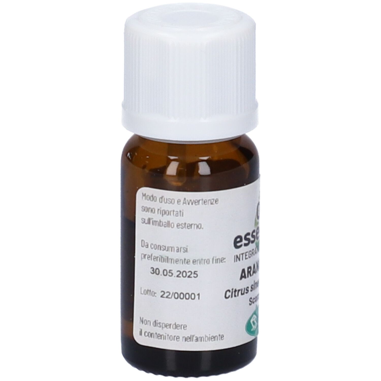 Flacone di vetro marrone con tappo bianco. Etichetta con informazioni sul prodotto, data di scadenza e numero di lotto. Sangalli Arancio Dolce Olio Essenziale.