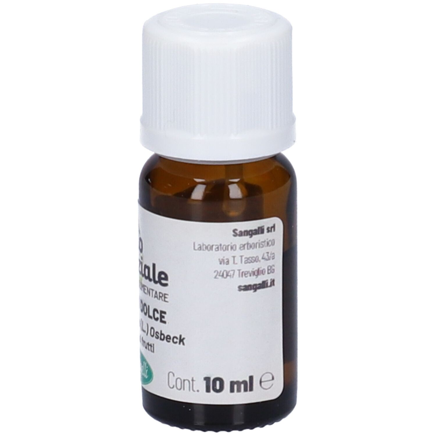 Flacone di vetro marrone con tappo bianco. Etichetta con informazioni sul prodotto e indicazione del volume 10 ml. Sangalli Arancio Dolce Olio Essenziale.