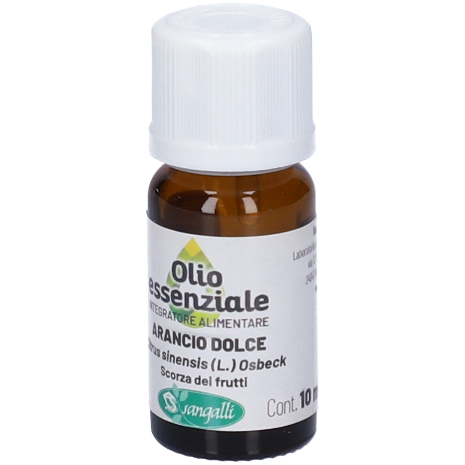 Flacone di vetro marrone con tappo bianco. Etichetta con nome del prodotto, ingredienti e logo. Sangalli Arancio Dolce Olio Essenziale.