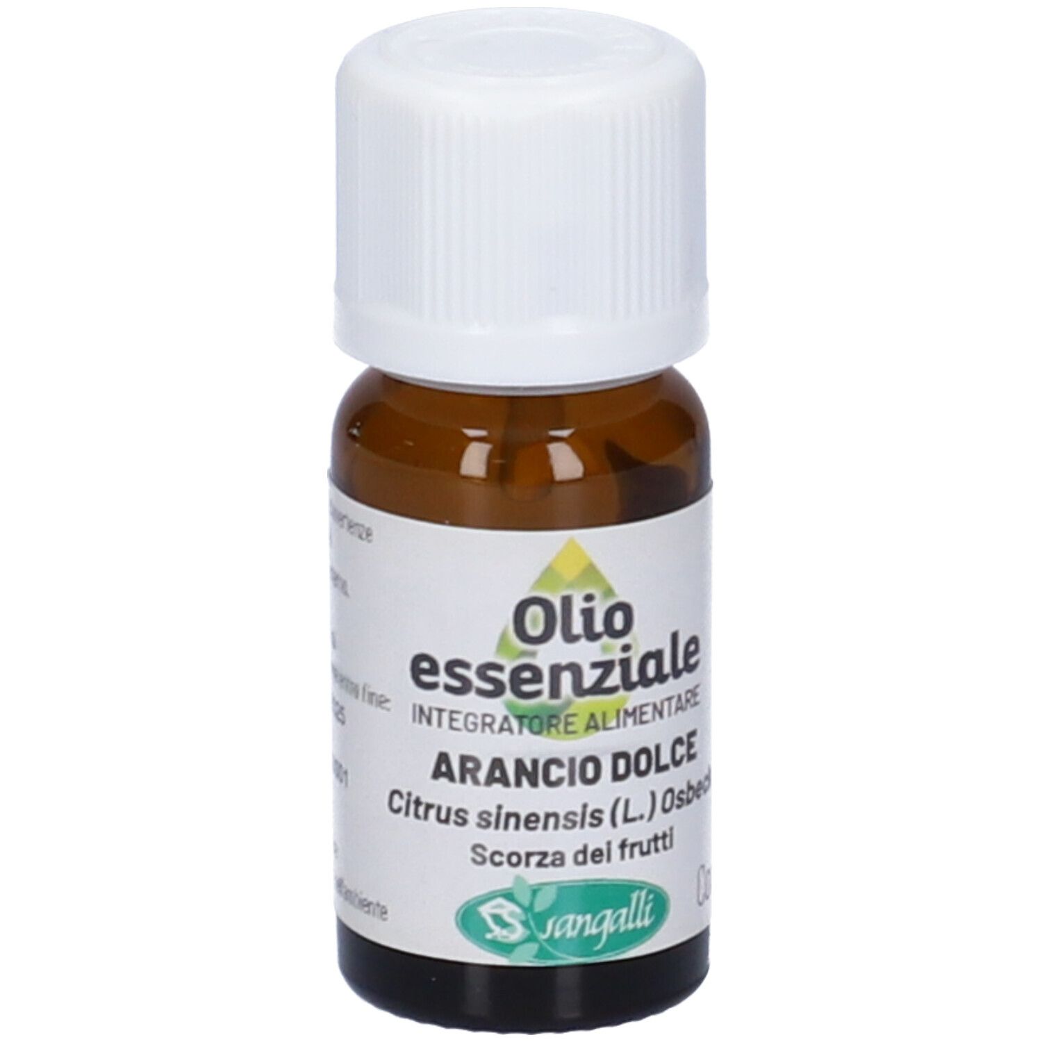 Flacone di vetro marrone con tappo bianco. Etichetta con nome del prodotto, ingredienti e logo. Sangalli Arancio Dolce Olio Essenziale.
