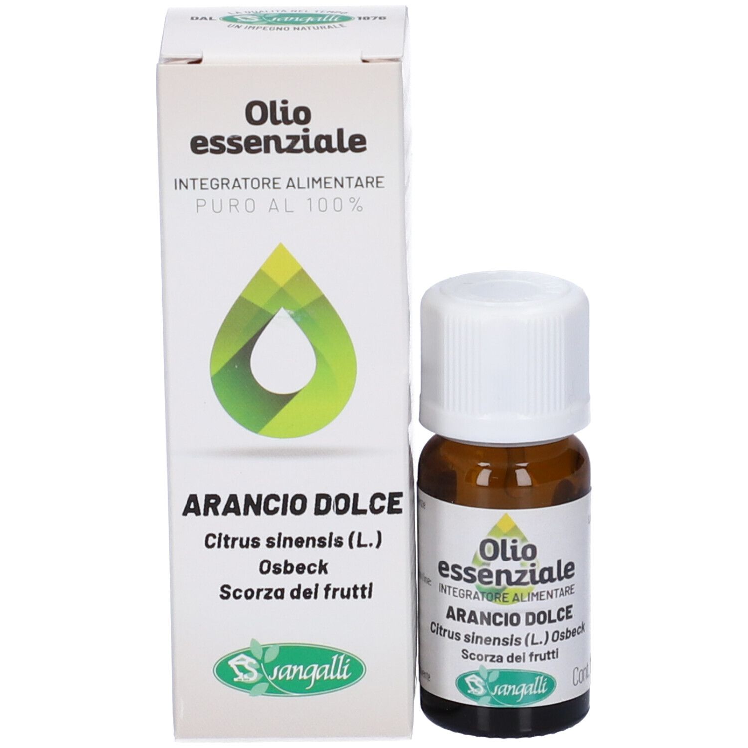 Flacone di vetro marrone con tappo bianco e confezione. Confezione con nome del prodotto, logo e ingredienti. Sangalli Arancio Dolce Olio Essenziale.