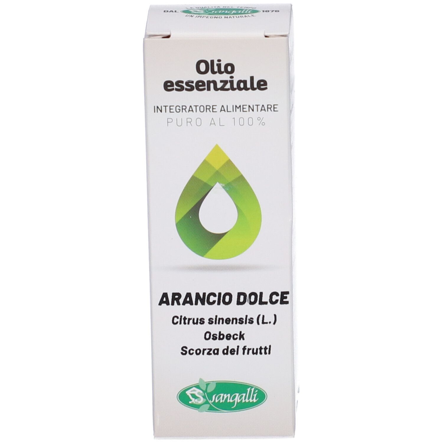 Confezione con nome del prodotto, logo e ingredienti. Sangalli Arancio Dolce Olio Essenziale. Logo a forma di goccia.