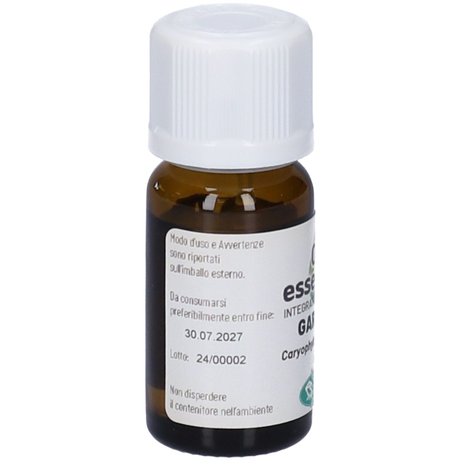 Flacone di vetro marrone con tappo bianco. Etichetta con informazioni sul prodotto. Scadenza 30.07.2027.