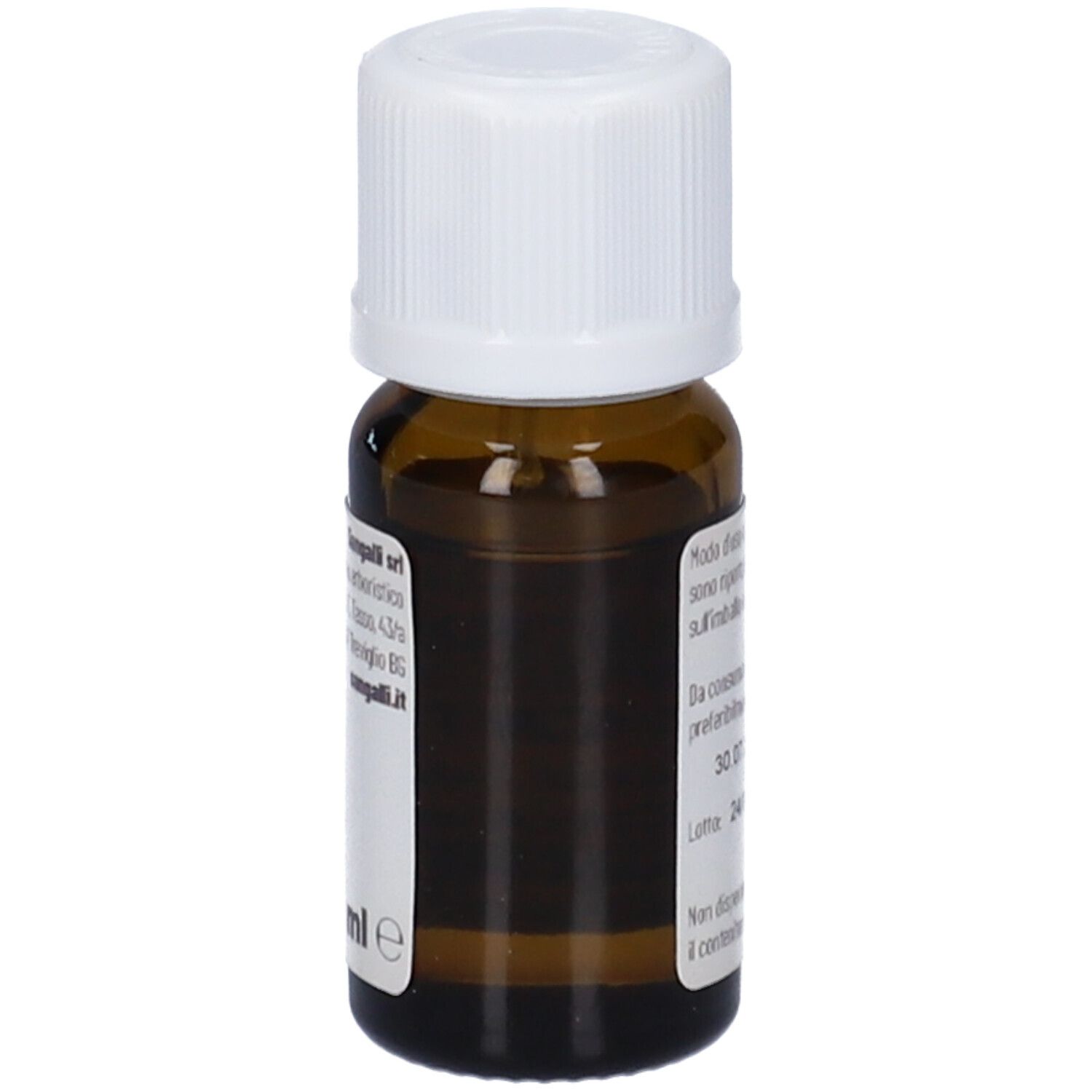Flacone di vetro marrone con tappo bianco. Etichetta con informazioni sul prodotto. Marchio Sangalli. Contenuto 10 ml.