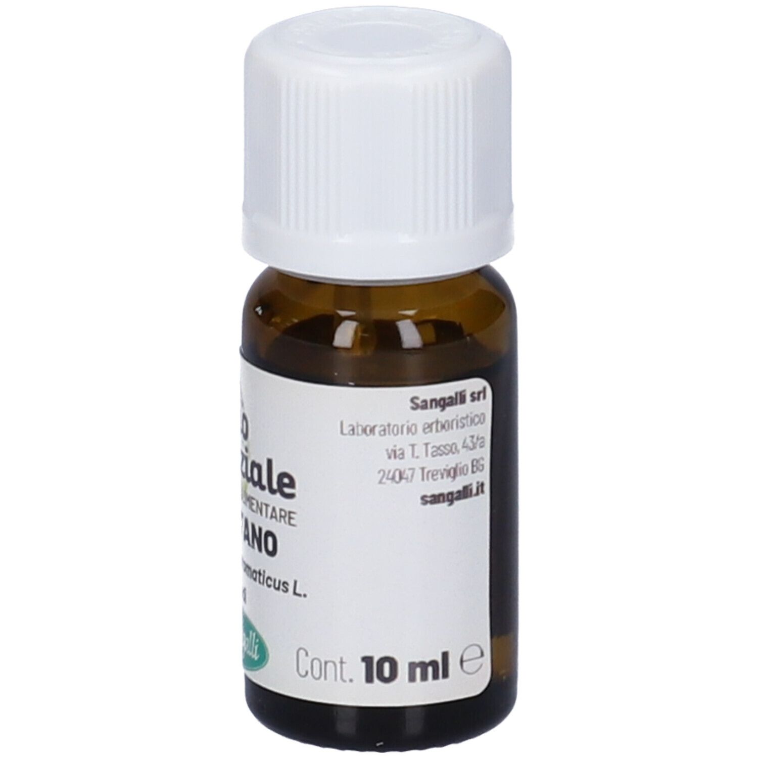Flacone di vetro marrone con tappo bianco. Etichetta con nome del prodotto e marchio Sangalli. Contenuto 10 ml.