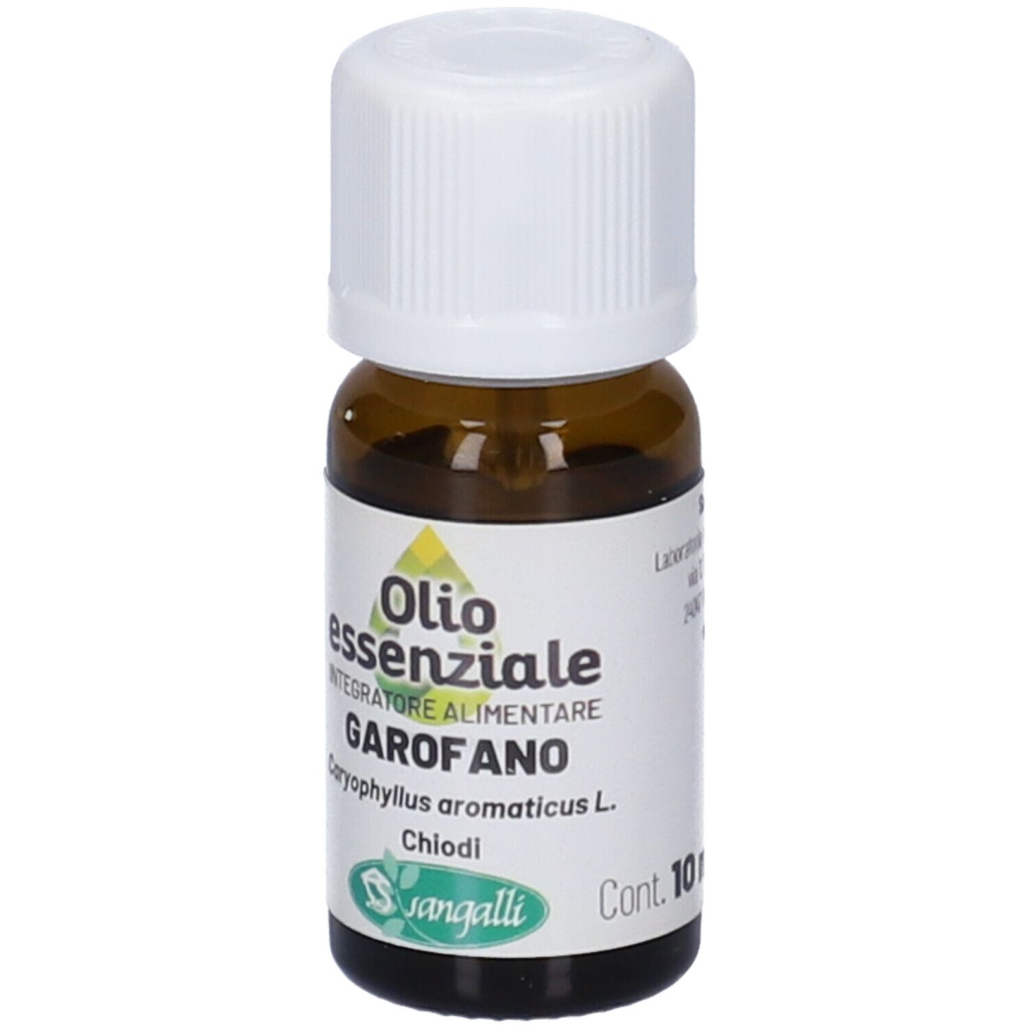 Flacone di vetro marrone con tappo bianco. Etichetta con nome del prodotto e marchio Sangalli. Olio essenziale.