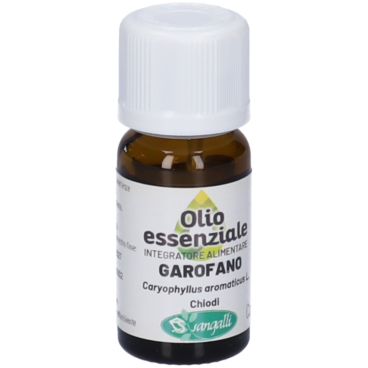 Flacone di vetro marrone con tappo bianco. Etichetta con nome del prodotto e marchio Sangalli. Olio essenziale.