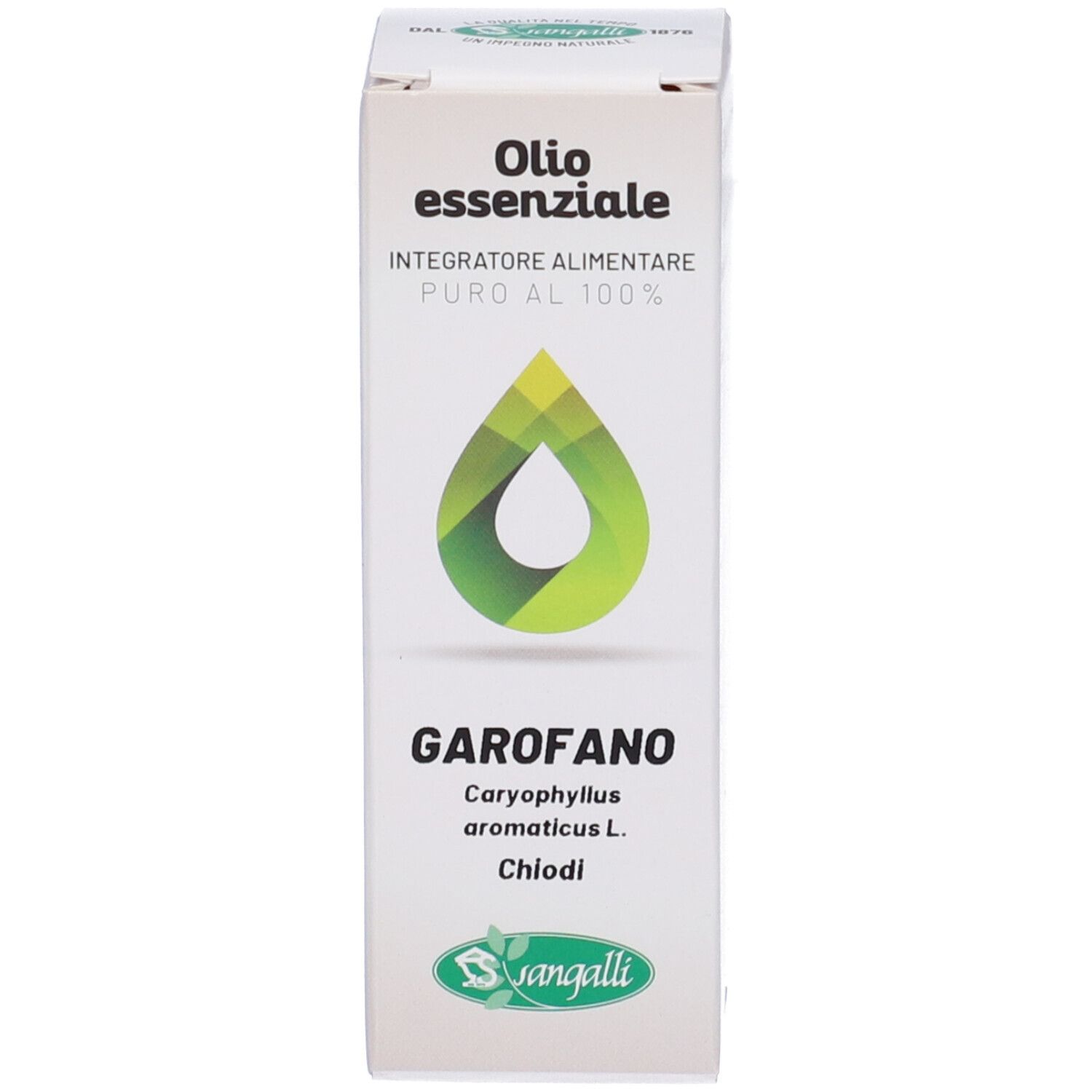 Confezione del prodotto. Scatola bianca con logo e nome del prodotto. Olio essenziale. Marchio Sangalli.