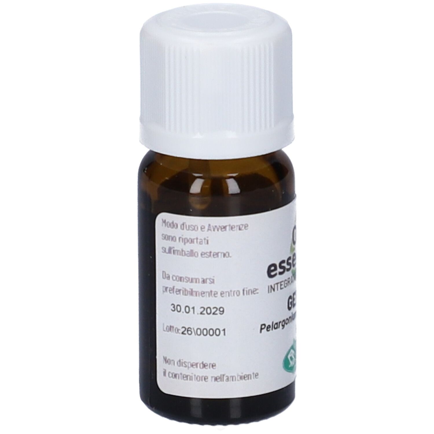 Piccolo flacone in vetro marrone con tappo a vite bianco, riempito di liquido limpido.