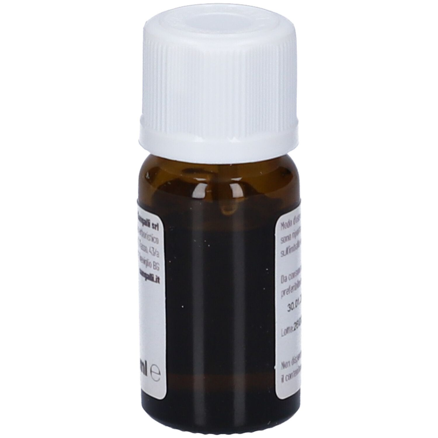 Piccolo flacone in vetro marrone con tappo a vite bianco, riempito di liquido limpido.