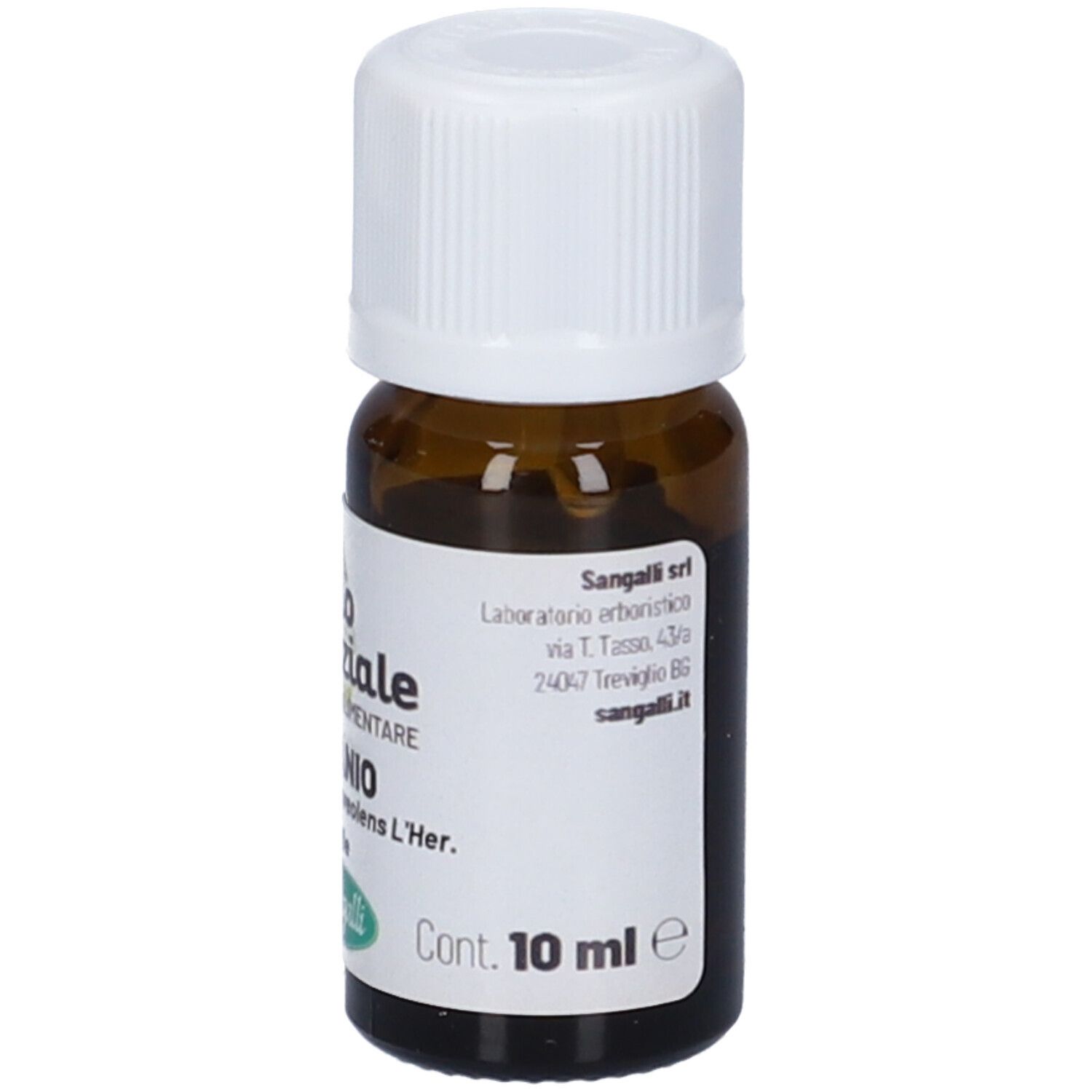Piccola bottiglia in vetro marrone con tappo a vite bianco, etichetta 'Olio Essenziale Geranio'.