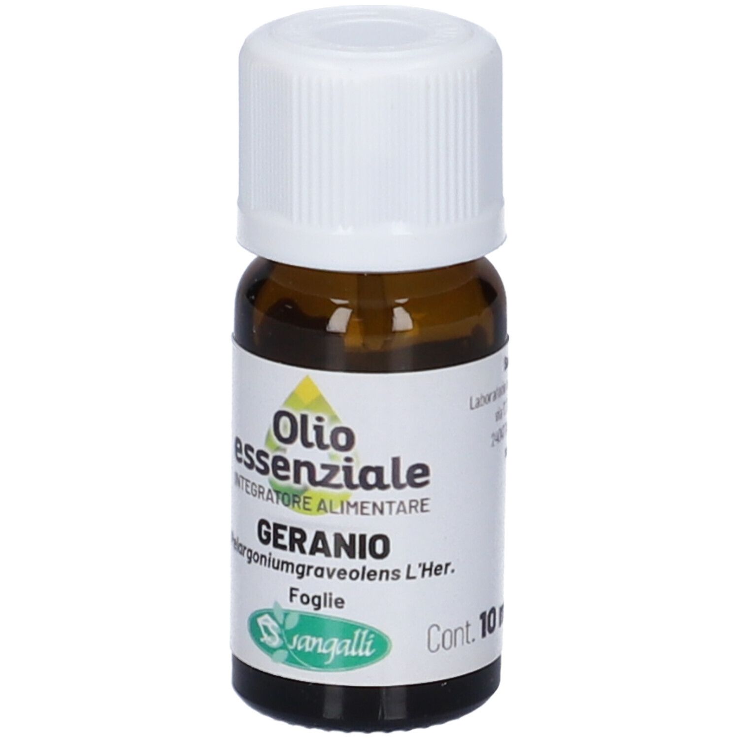 Piccola bottiglia in vetro marrone con tappo a vite bianco, etichetta 'Olio Essenziale Geranio'.